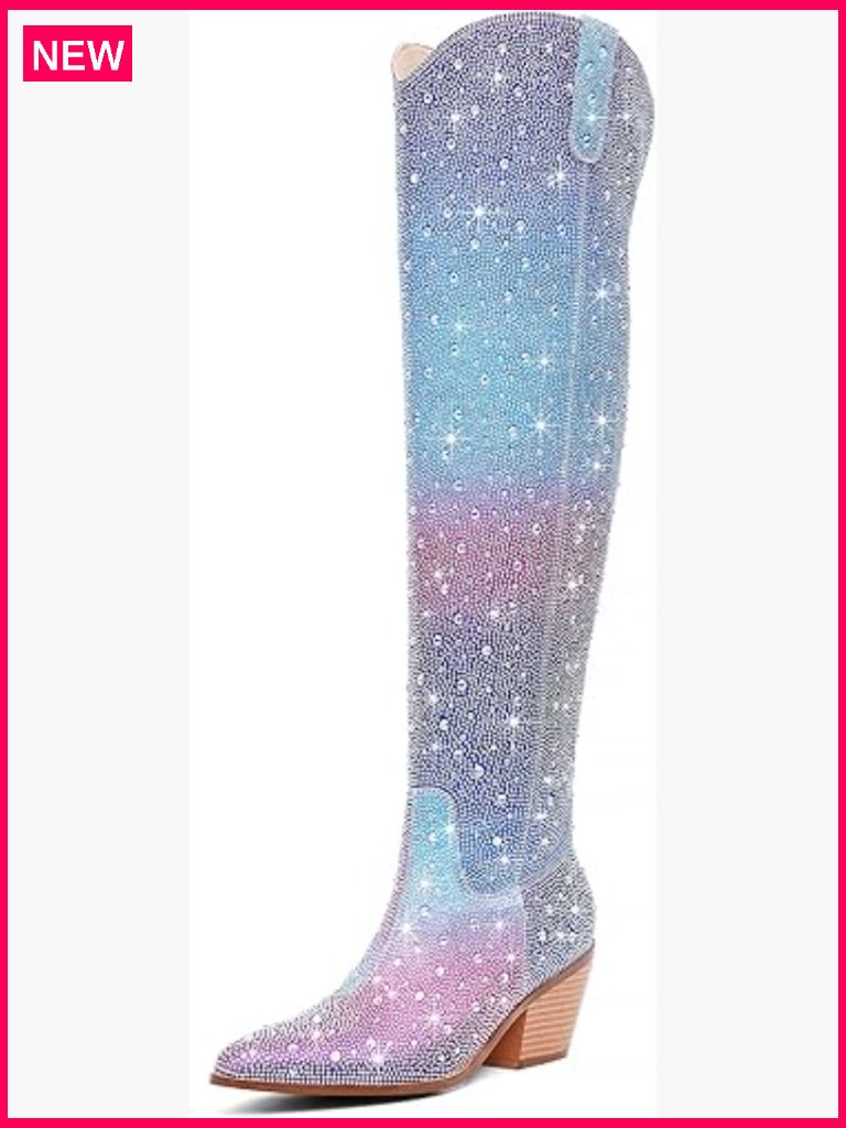 Rhinestone Over The Knee Cowboy Boots, Western Thigh High Pull-On Chunky Heel